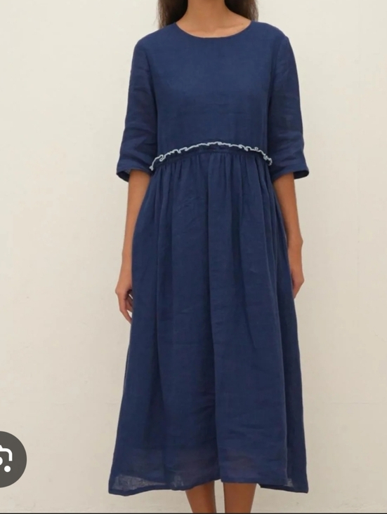 Lintico Dresses & Skirts - Lintico Navy 100% Linen Lagenlook Jasmine Drawstring Waist Dress Size M